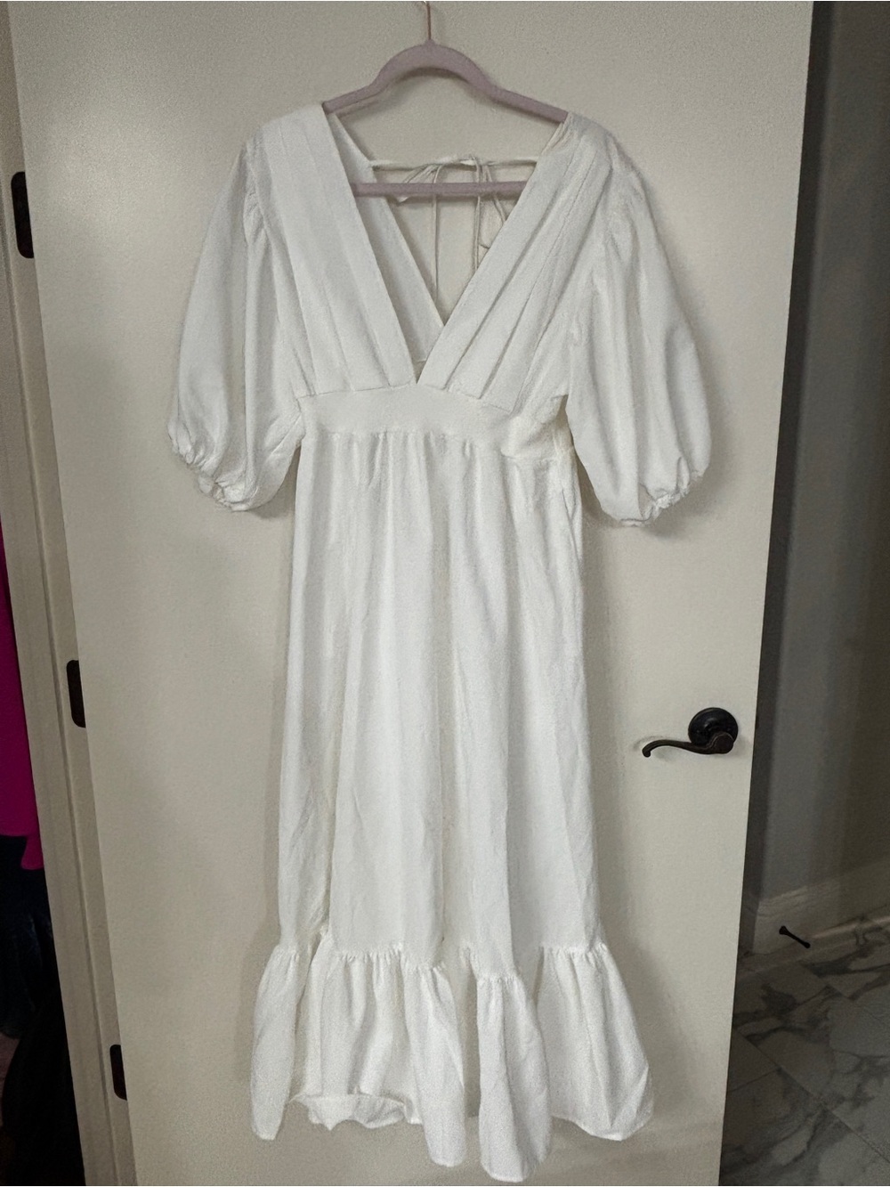 White Puff-Sleeve V-Neck Midi Dress